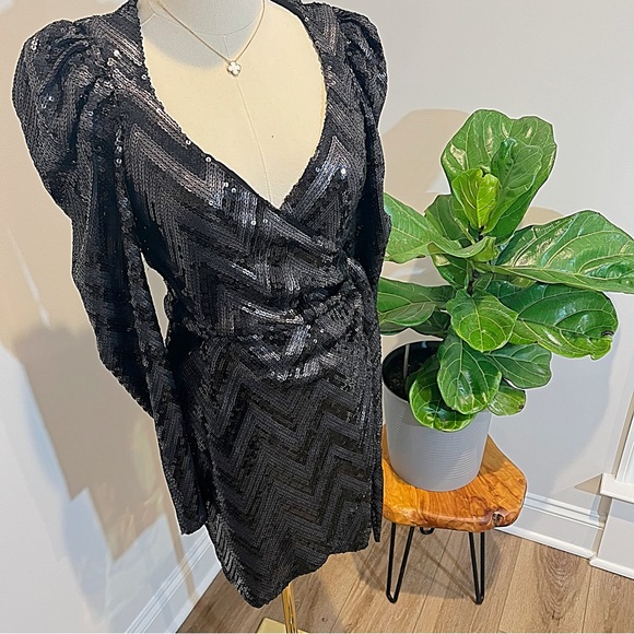 Reformation Ireland Mini Black Chevron Two-tone Sequin Wrap Dress (S) - Picture 5 of 16